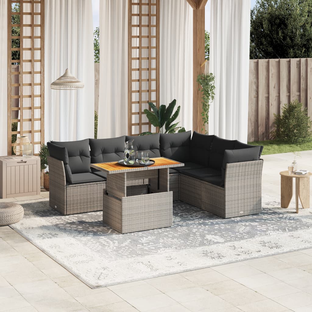 7 piece Grey Garden Sofa Set with Cushions Poly Rattan