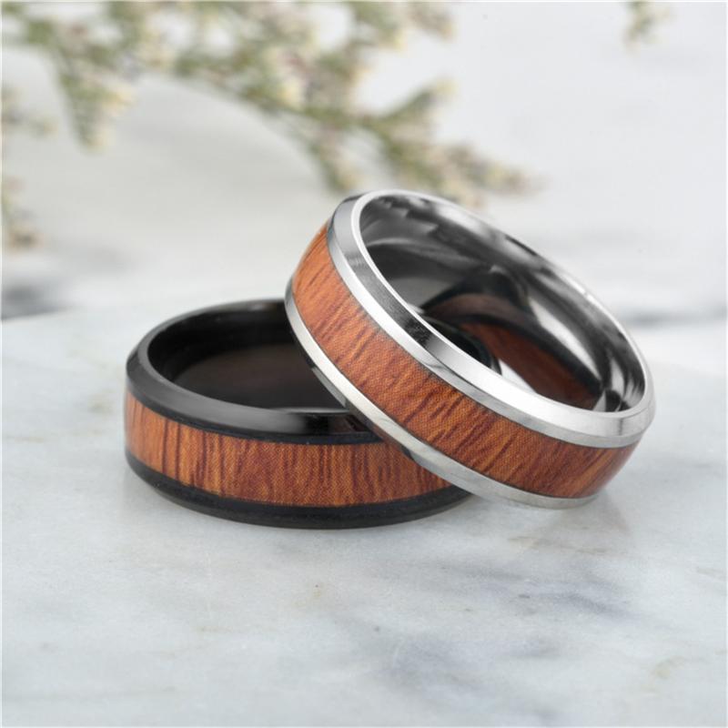 est Stainless Steel Wood Grain Inlaid Rings For Men Retro Domineering 8mm Knuckle Jewelry Ring Boyfriend Party Gifts