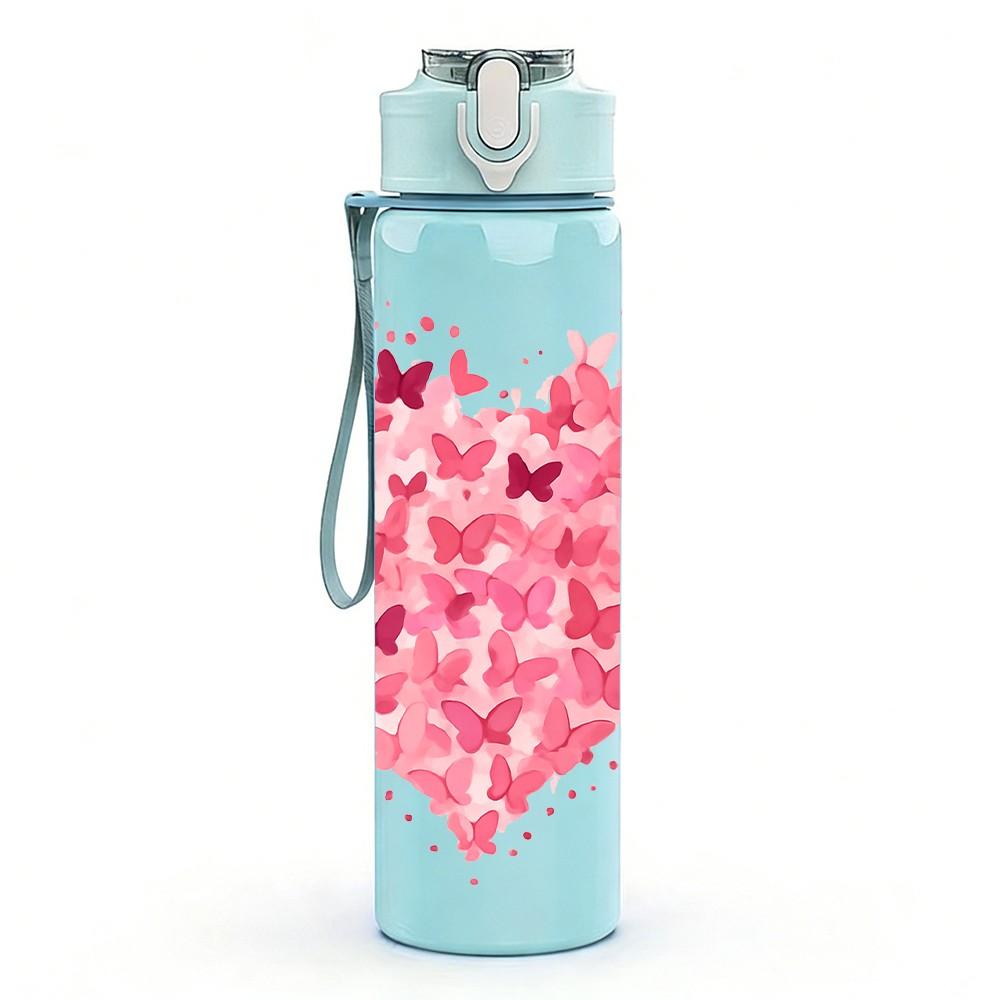 1PC Pink Broken Heart Glitter Art Print 750ml Color Plastic Sports Water Bottle Leakproof Flip Straw Lid Suitable for Sports Office Home Use