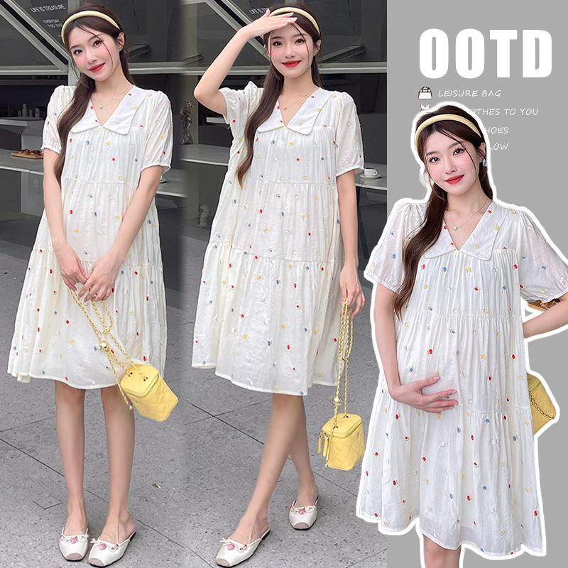 Summer Tencel Embroidered Maternity Dress - Sweet, Comfortable, Fresh 2XL