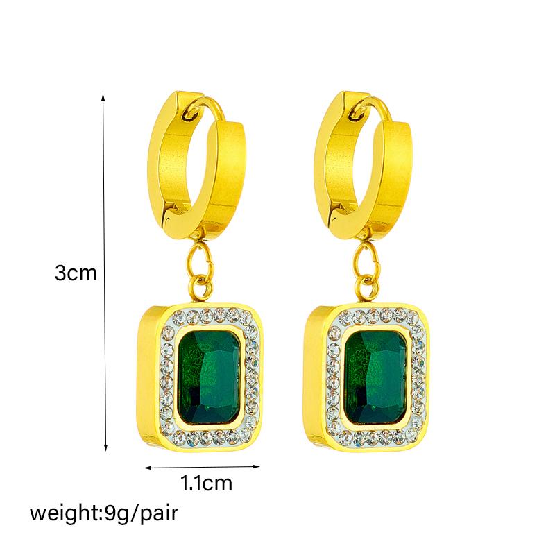 Stainless Steel Square Green Crystal Zircon Pendant Necklace Earrings Bracelet Jewelry Set for Women Gifts
