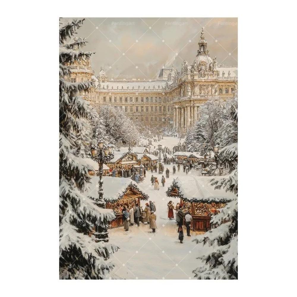 Peinture sur toile Forêt enneigée d'hiver nordique Locomotive à vapeur vintage Élan Renard roux Cabane Paysage Affiche d'art Décor de salon