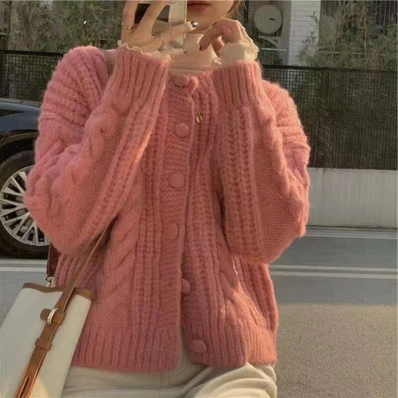 

Мягкий свитер Sweet Twist, пальто для женщин, зима-осень, свободная верхняя одежда, длинный рукав, O-образный вырез, вязаный кардиган, свитер One Size