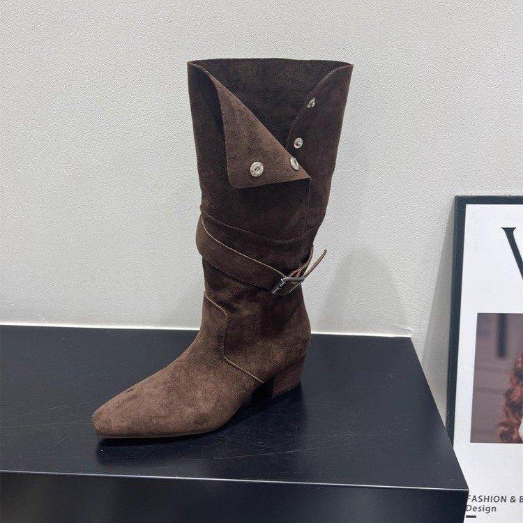 Frosted Leather Pointed Metal Buckle Niche Hottie Western Cowboy Boots Lapel Two Wear Martin Motorcycle Boots Women's Shoes