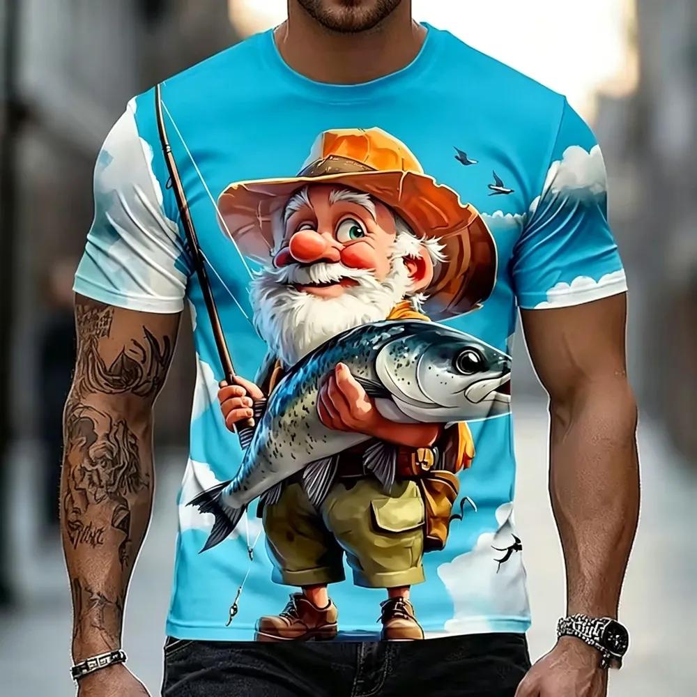 Fun Cartoon White-haired Old Man Wine Tasting 3D Full Print Men's Crew Neck Short-sleeved T-shirt, Personalized Creative Trendy Top