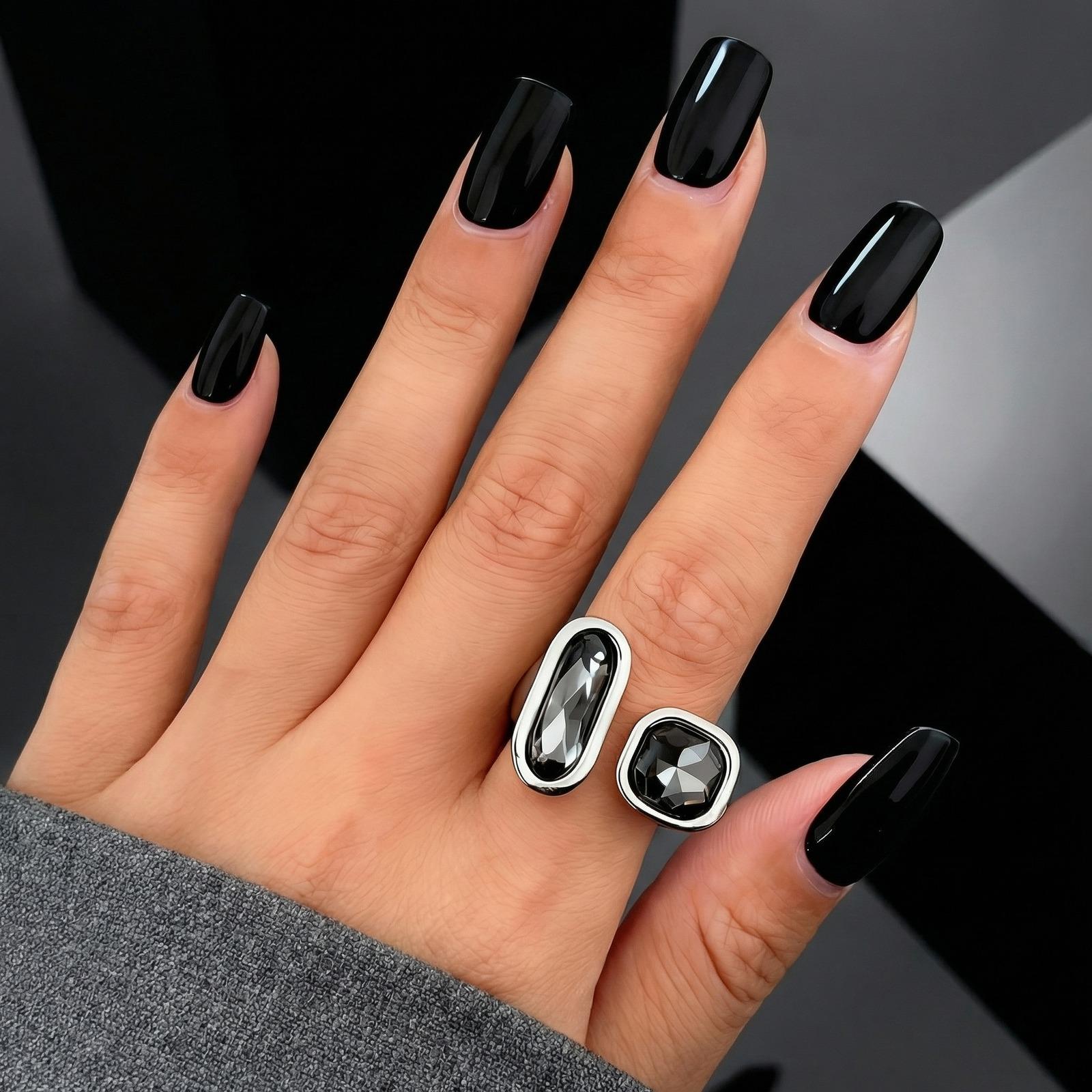 

Silver Color Geometric Open Ring for Women Black Glass Acrylic Rings Minimalist Party Jewelry Lady Gift Adjustable