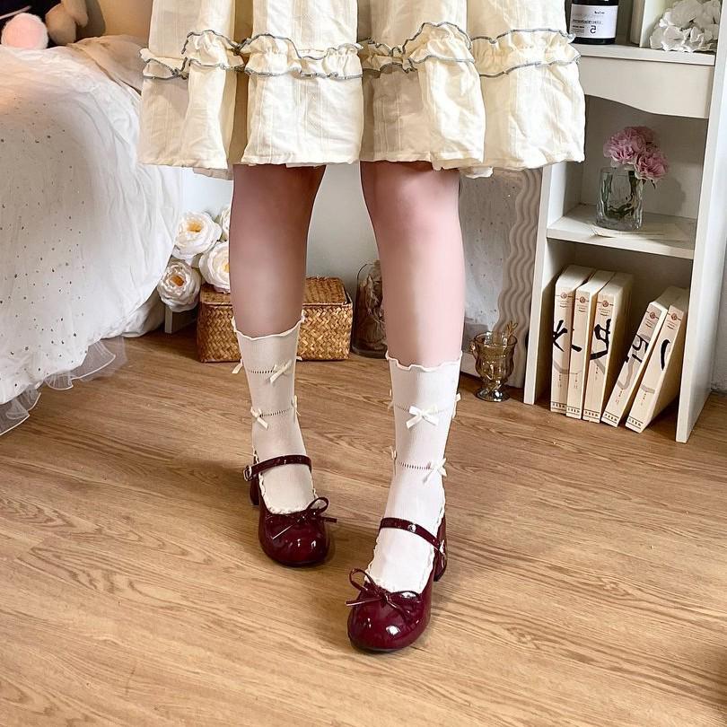 

Velvet Mid-Calf Bow Socks - Breathable, Thin, Solid Color, Sweet Japanese Style грязно-белый