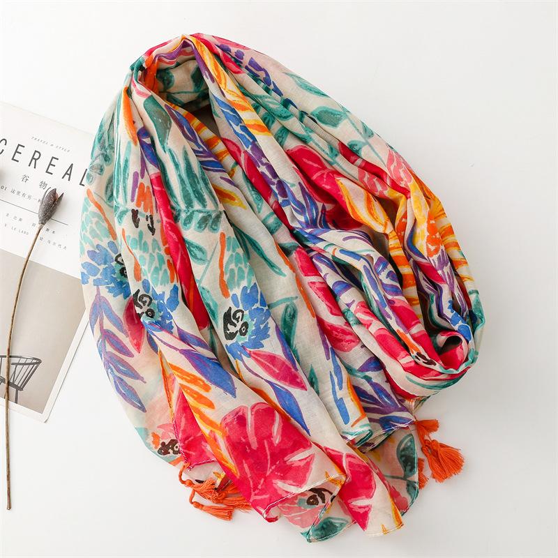 Xale feminino moderno e moderno com textura de algodão e cânhamo, fio bali fino, primavera/verão, folhas coloridas de papagaio, estilo moderno