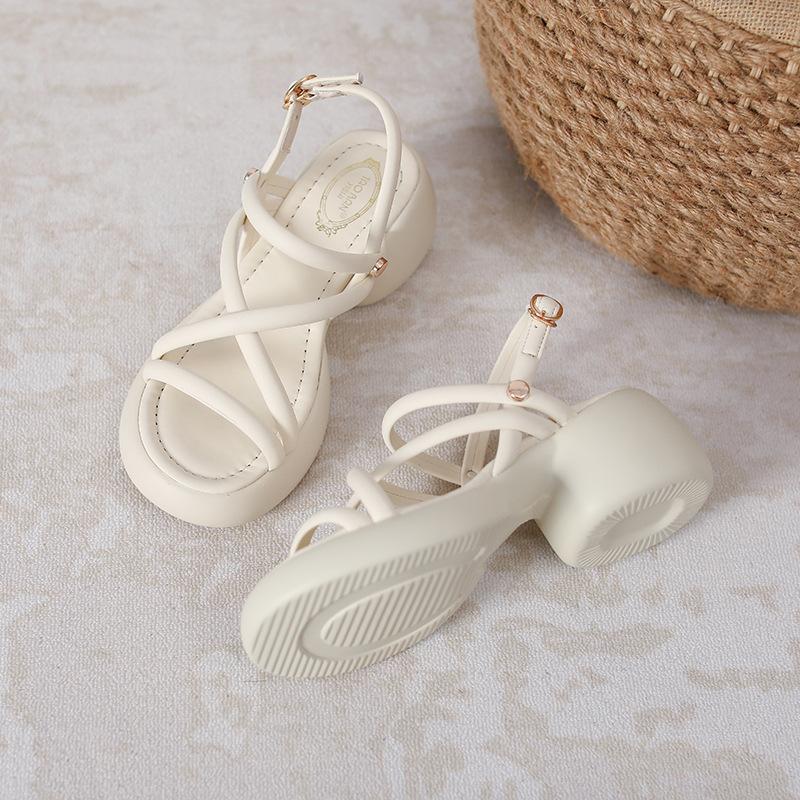 Sandals Women's Platform Spring and Summer New One-word with Open-toe Buckle Thick Heel Small Size 3 Small Women's Sandals