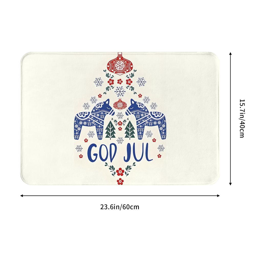 “GOD JUL” Dala Horse Bath Mat – Swedish Christmas Design, Blue/Red Folk Art on Cream, Non-Slip, Machine Washable