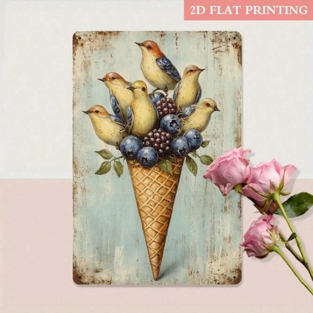 2D Retro Berry Bird Metal Tin Sign 20x30cm Vintage Rustic Iron Wall Art Garden Patio Living Room Decor Plaque