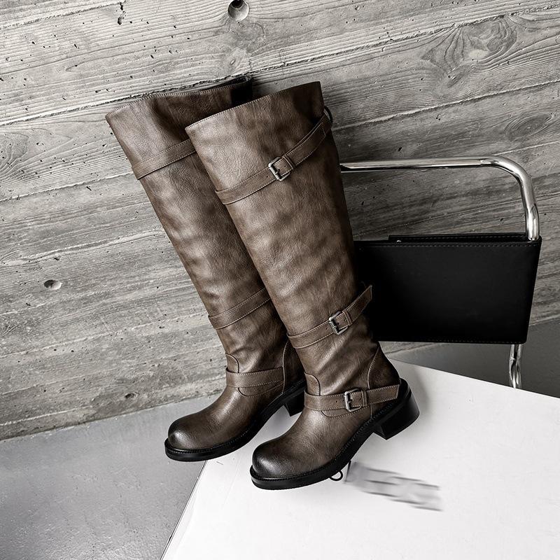 

Autumn and winter new round head buckle belt design super large tube circumference middle heel pile classic fashion boots but knee knight boots 39