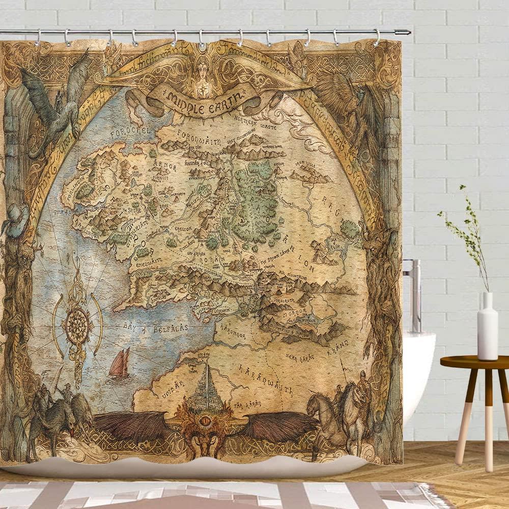 Midden-aarde Kaart Douchegordijn Bergen Vintage Kaart Badkamer Gordijnen Schatkaart Douchegordijn Waterdicht Badkamer Decoratie