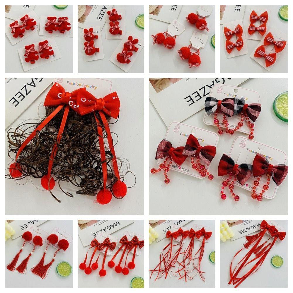 

2pcs Hanfu Headdress New Year Headwear Chinese Style Red Bow Hairclip Children Wig Hairpin