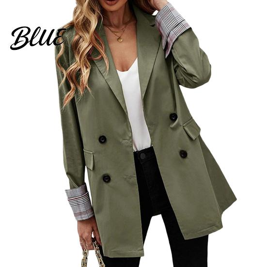 Suit Jacket Women Coat Lapel Long Sleeve Striped Cuffs with Double Breasted Business Outwear Flap Pockets Solid Color Loose Fit