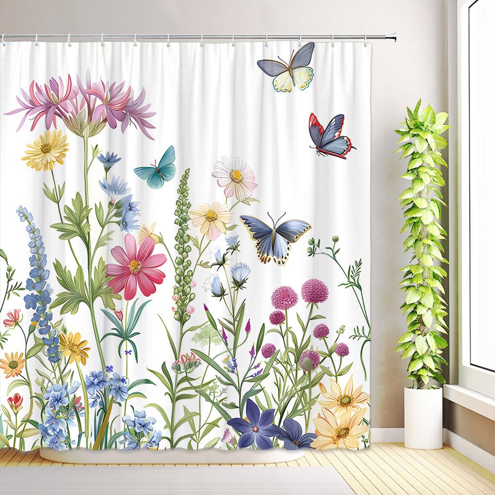 

Purple Floral Shower Curtain Watercolor Flower Plants Leaves Butterfly Wildflower Bathroom Decor Fabric Bath Curtains with Hooks 35x70inch-90x180cm