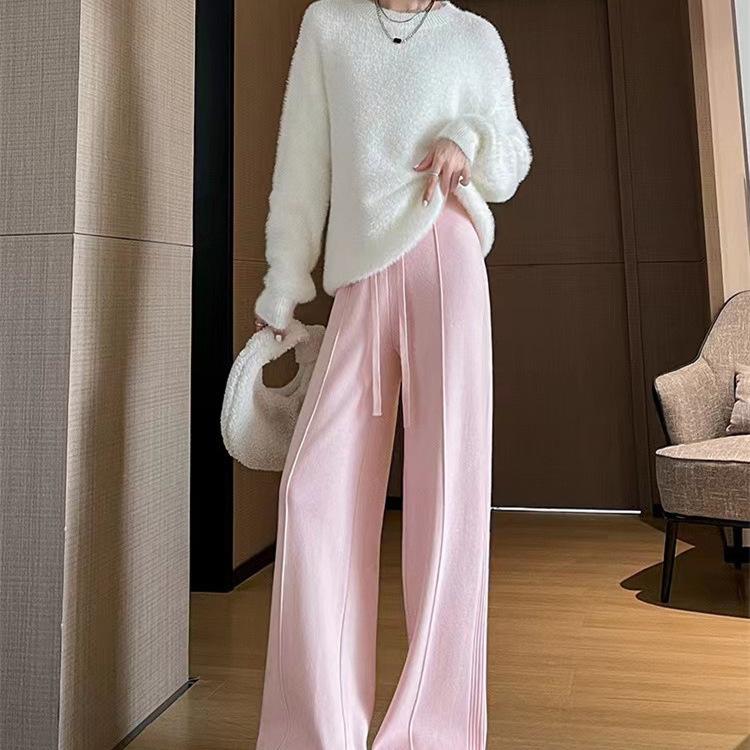 Pit strip knitted wide-leg pants women's autumn and winter new thin casual straight-leg pants drape long pants