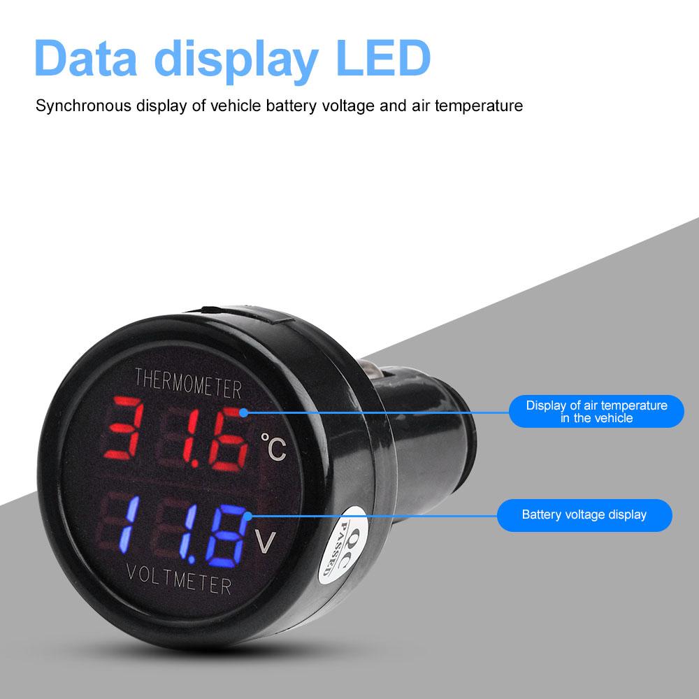 8V 36V Digital DC Voltage Car Voltmeter Thermometer Cigarette Lighter Style 2 In 1 Battery Monitor Voltage Temperature Meter