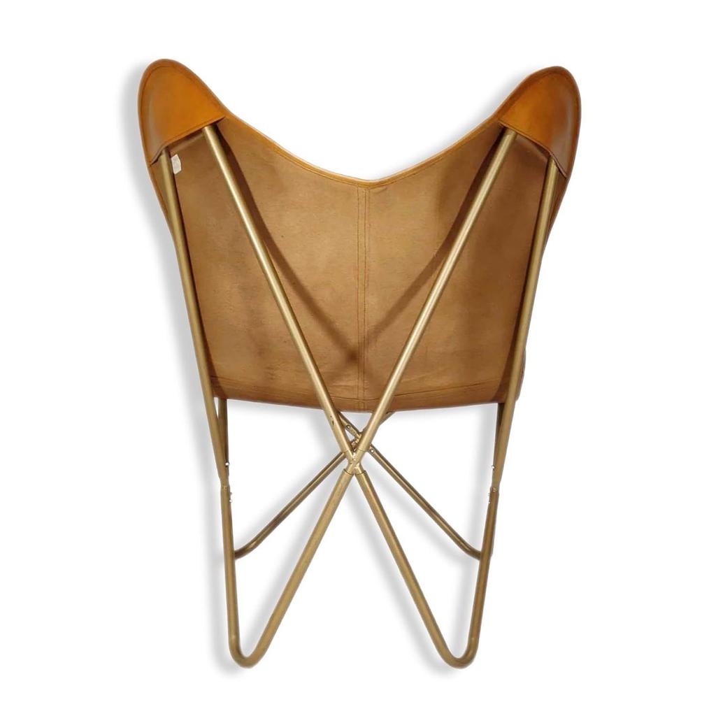 Recliner Folding Tan Brown Leather Butterfly Chair - Comfortable Arm Rest Relaxing Butterfly Chair - with Golden Powder Coated Iron Stand