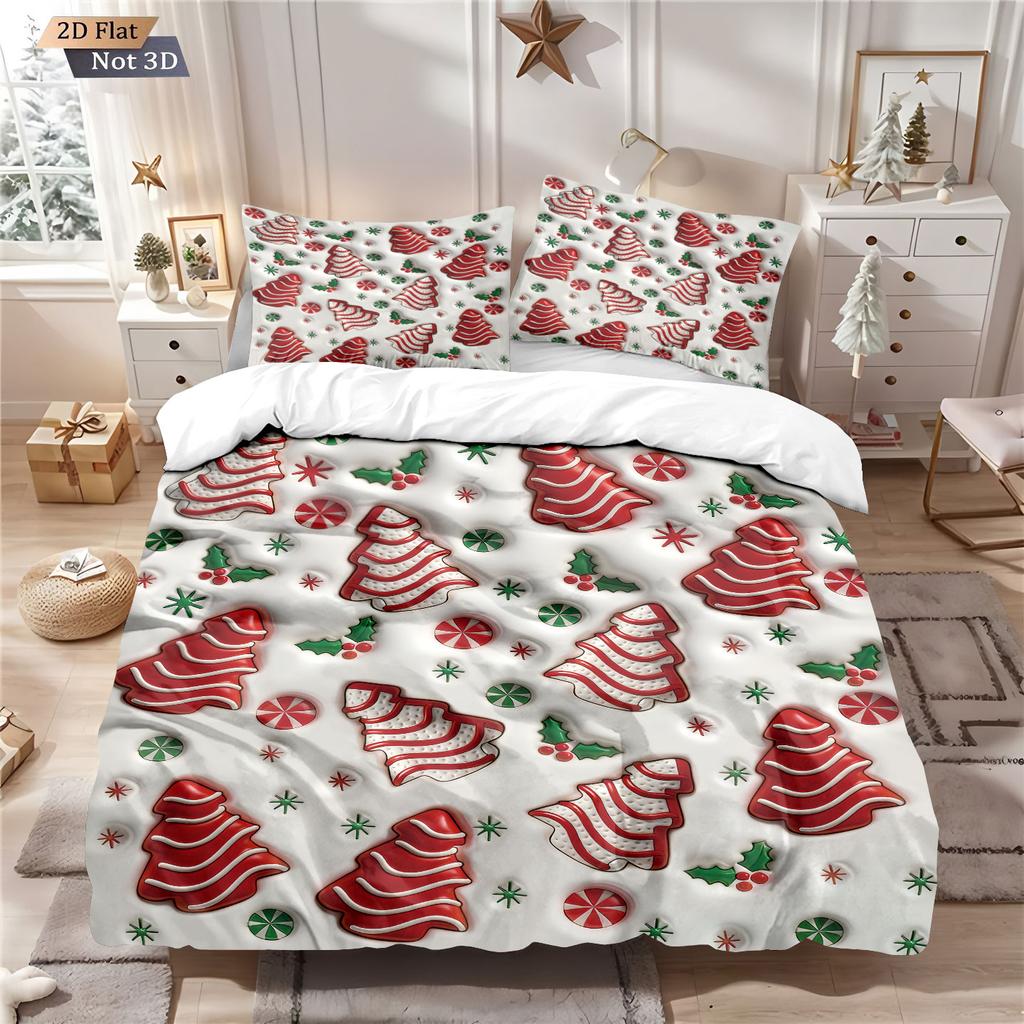 3pcs Red Christmas Tree Printed Coreless Bedding Set Comfortable Multi Size Bedroom and Dormitory Duvet Covers, Machine Washable