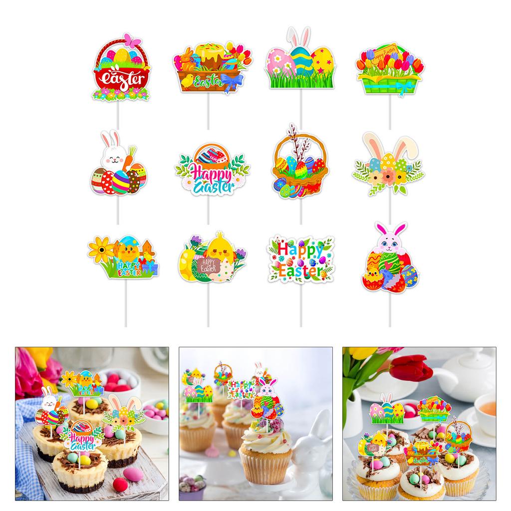 12/24Pcs Cupcake Toppers Decoration Colorful Bunnies Eggs Cake Picks for Wedding and Birthday Spring Holiday Parties