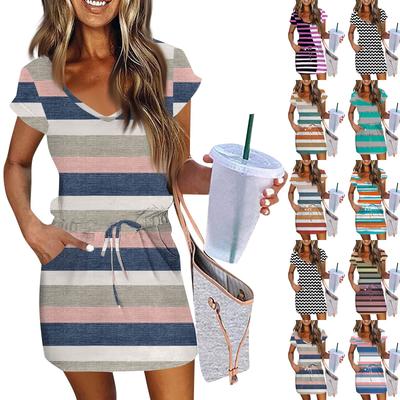 Women's Fashion Casual V-Neck Short Sleeve Drawstring Stripe Patchwork Printed Dresses