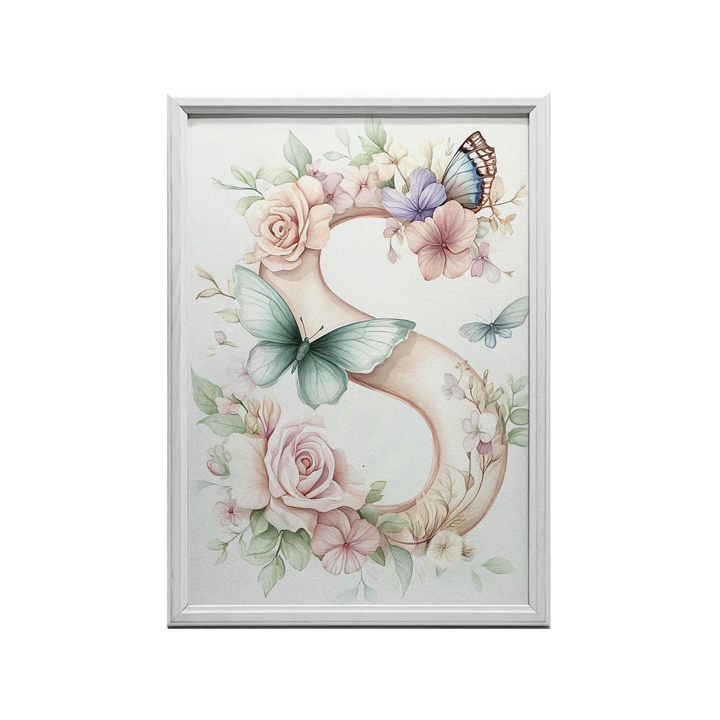 Plakat "S" Z Kwiatami I Motylami Plakat "S" Z Kwiatami I Motylami, 50X70 Cm, Rama Drewniana Ciemny Brąz, Papier Matowy 230 Gsm