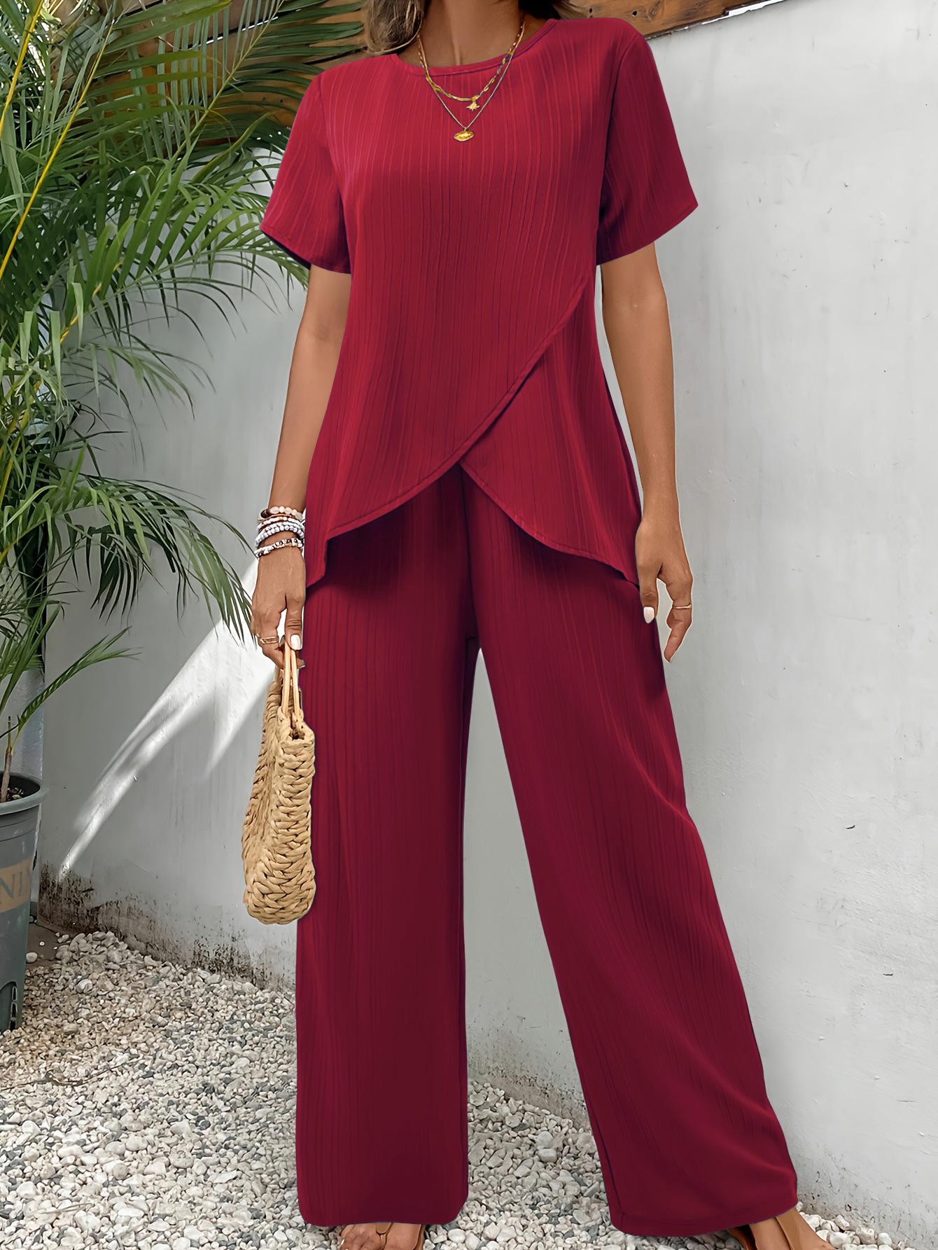 Cross-border 2025 European and American new women s clothing fashion casual cross large size irregular summer suit wide-leg pants suit S