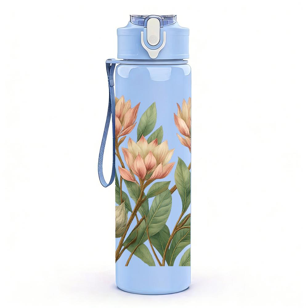 1PC Pink Protea Flower Bouquet 750ml Color Plastic Sports Water Bottle Leakproof Flip Straw Lid For Sports Office Home Use