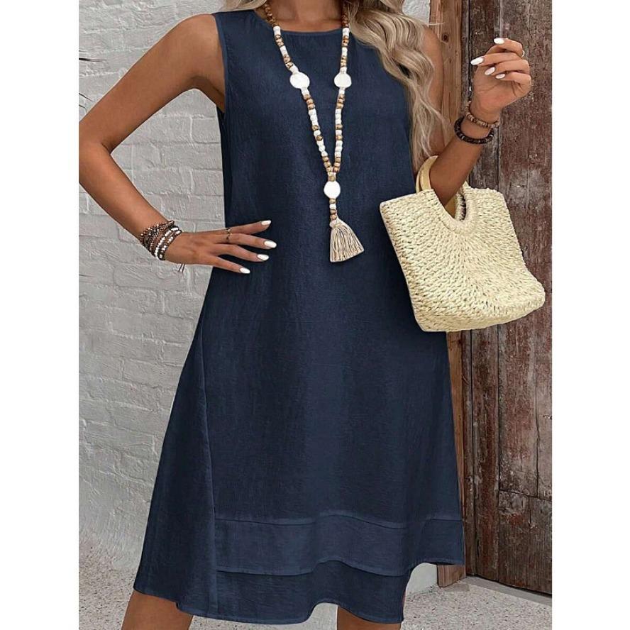 YYFS Women's Fashion Summer Spring Solid Color Print Sleeveless V-Neck Loose Waistline Casual Dresses