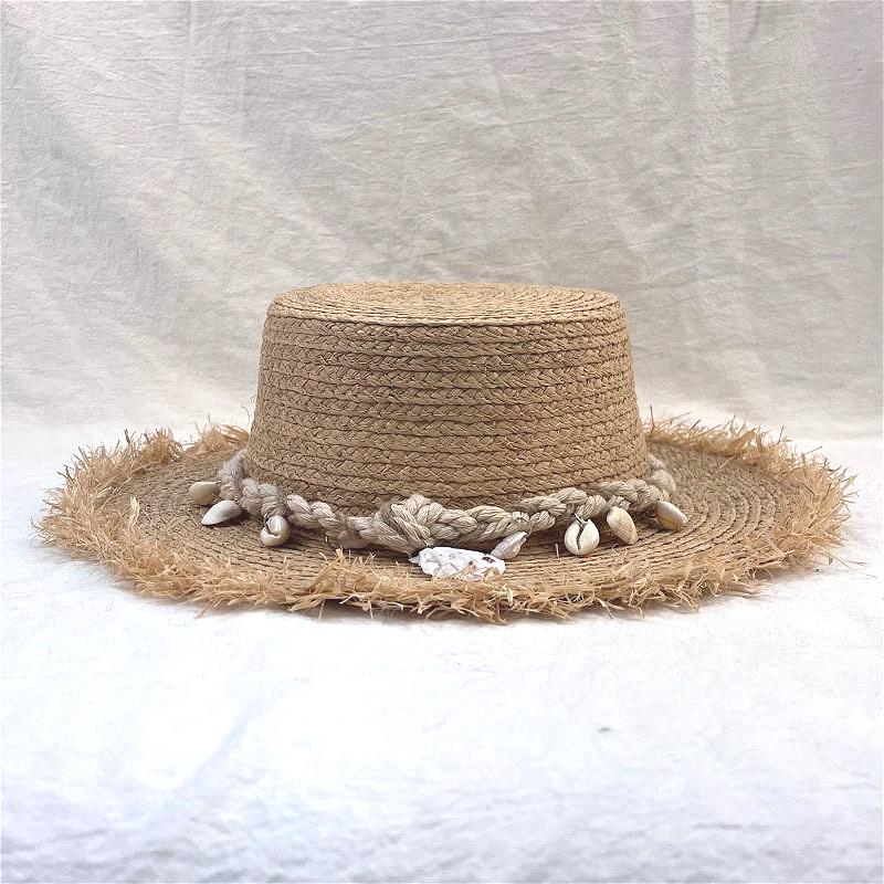 Designer 100% Raffia Straw Hat with Shell Trim for Vacation Women Summer Beach Hat Female Korean Travel Sun Protection Falt Hat