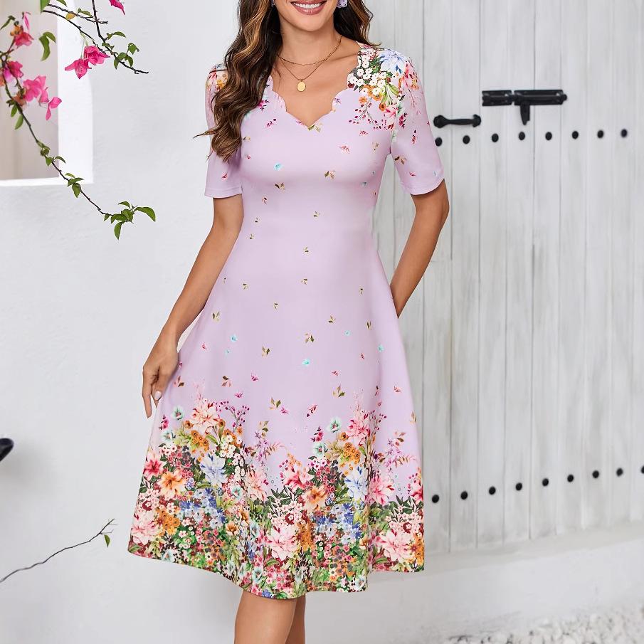 Summer Women's Dresses Short Sleeve V-neck Elegant & Beautiful Midi Dresses Female One-piece Dress Printed Dress