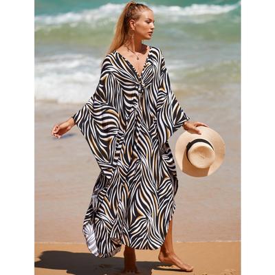 Women's Boho Cover Up, Plus Size Contrast Loose Fit Vacay Beach Kaftan Dress