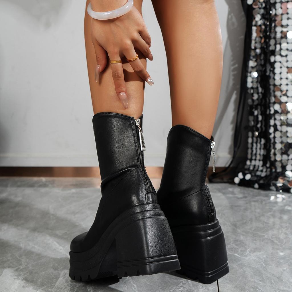 Fashion Women New Fashion Short Boots Women Sexy Leather Boot Square Toe Casual Zipper High Heels Casual Thick Soled Women Botines Shoes