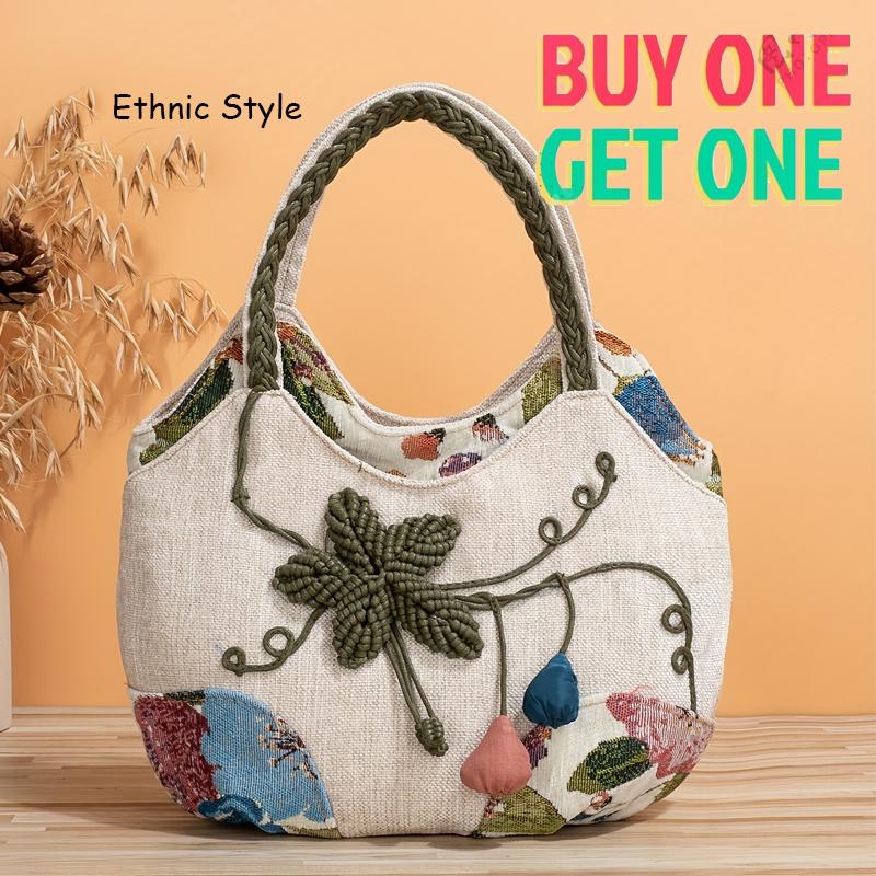 Ethnic Style Floral Embroidered Canvas Tote Bag with Lightweight Woven Strap and Zipper Closure