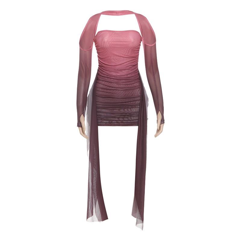 Summer Long Sleeve Bodycon Mini Short Dress Ribbon Pleated Tube Top Fashion New Sexy Party Dresses Hip Skirt Set Slim Fit Women's Clothing