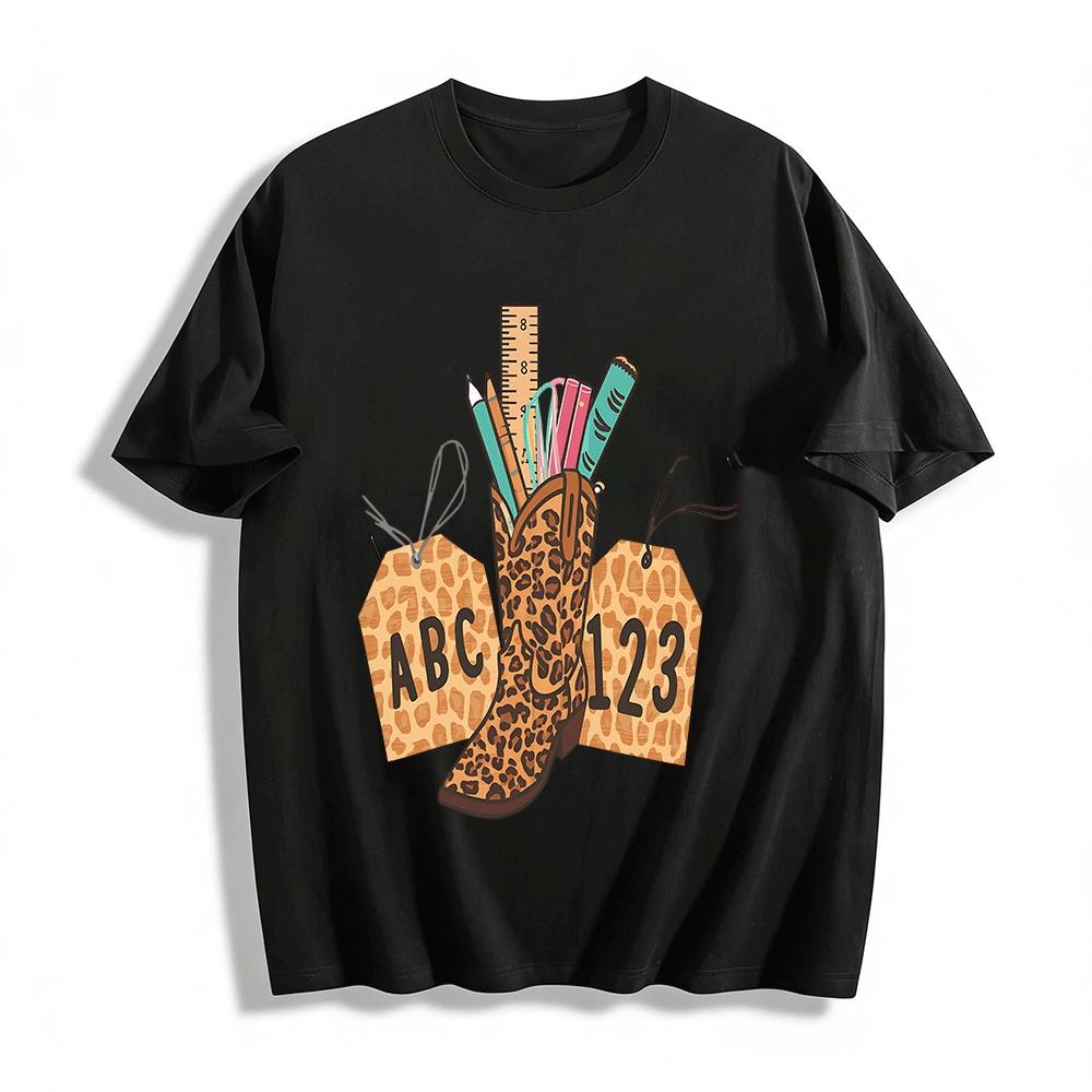 

Leopard Cowboy Boot Stationery ABC123 Kids Graphic Top Pure cotton T-shirt XXS