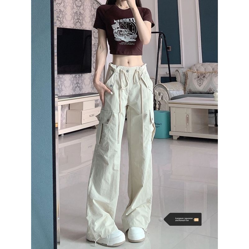 

American White Quick-Drying Cargo Pants Women s High Waist Summer Thin Plus Size Plus Size Ladies Loose Slim Looking Casual Wide-Leg Pants Apricot 4XL [Suggested 87.50 kg-100.00 kg]]