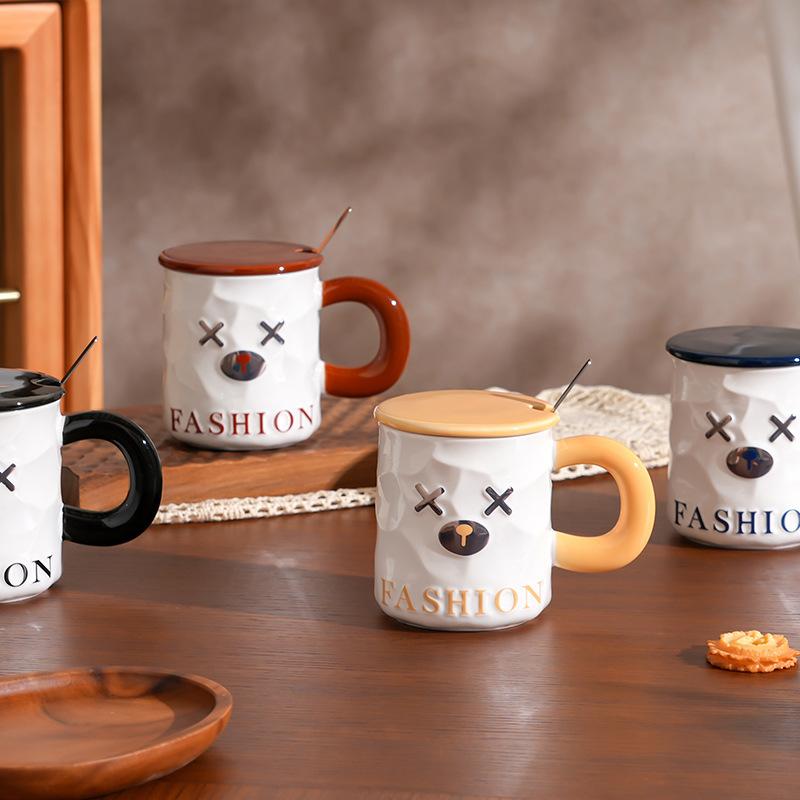 Bear Ceramic Cup with Lid and Spoon Cartoon Style Cute Water Cup for Girls Work Mug Set High Appearance Durable