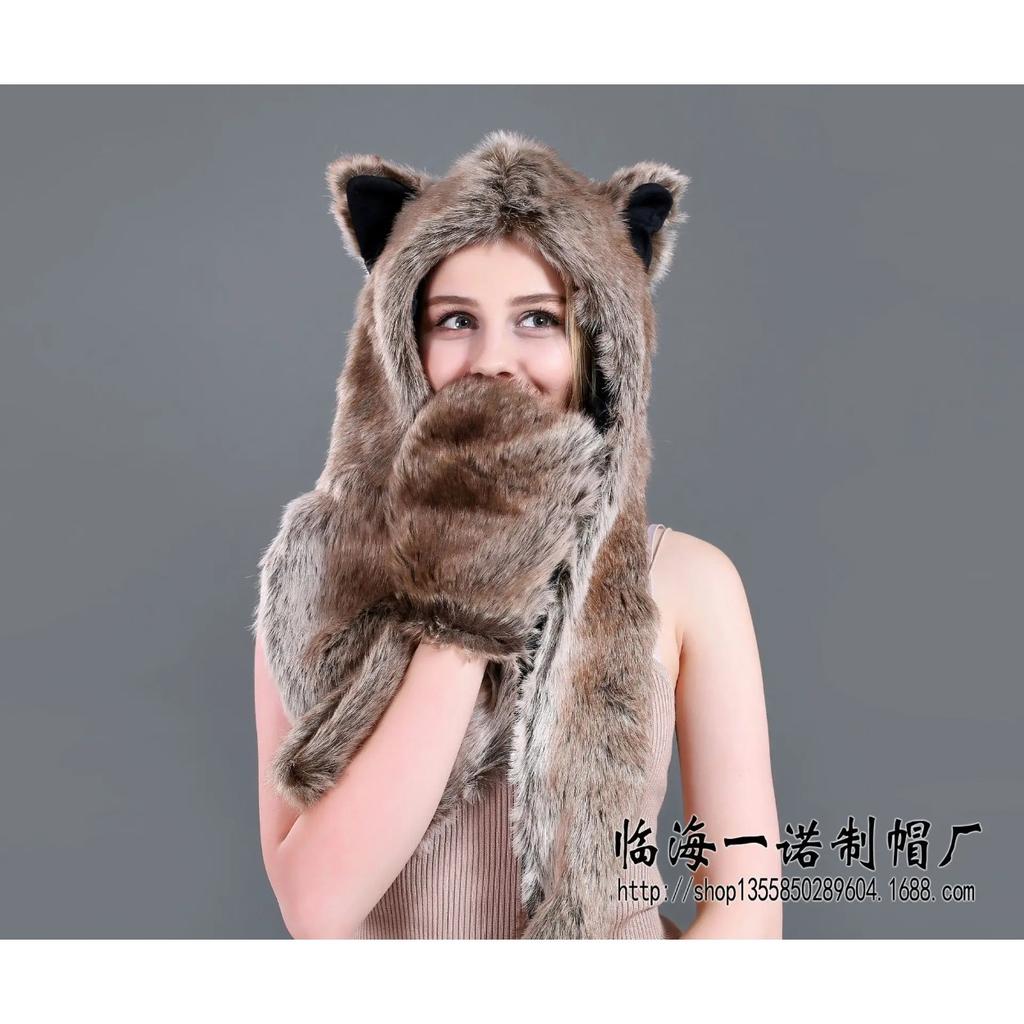 Women Girls Y2K Beanie Fur Animal Hat Scarf Glove Mitten 3-in-1 Function Furry Hoodie with Paws Ears Party Costume