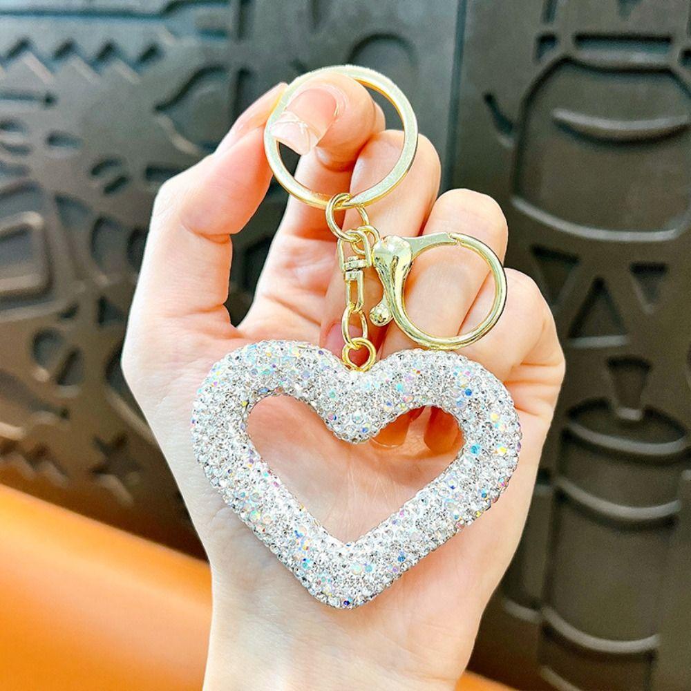 Inlaid Heart Full Diamond Love Keychain Leather Rope Hollow Water Diamond Key Pendant Creative Love