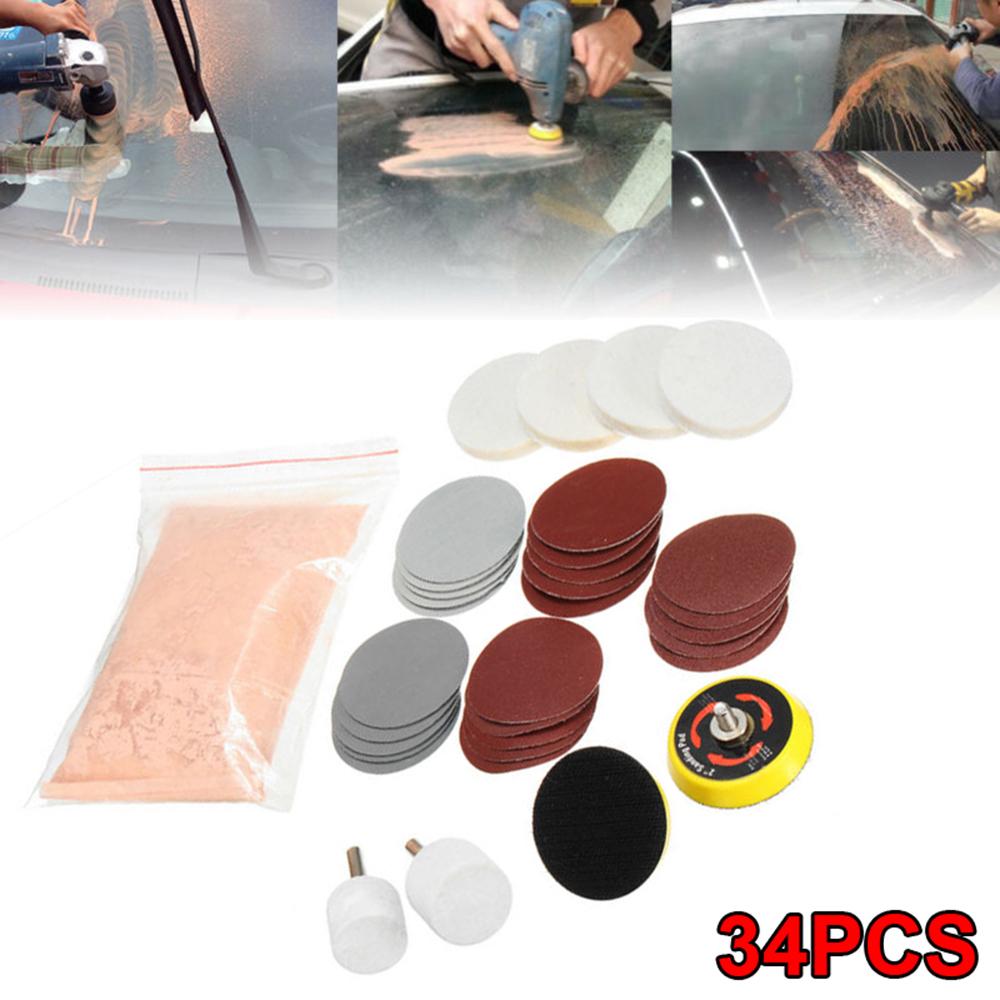 34Pcs Car Windshield Glass Scratch Remover Kit Wool Polish Pad 50mm Sandpaper Auto Deep Scratch Repair Set