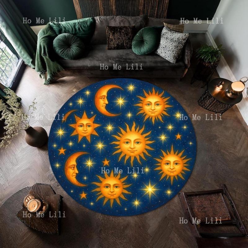 Celestial Sun Round Rug Moon Face Carpet Starry Night Sky Circle Mat Cosmic Boho Decor For Witchcore And Spiritual Spaces 60X60cm