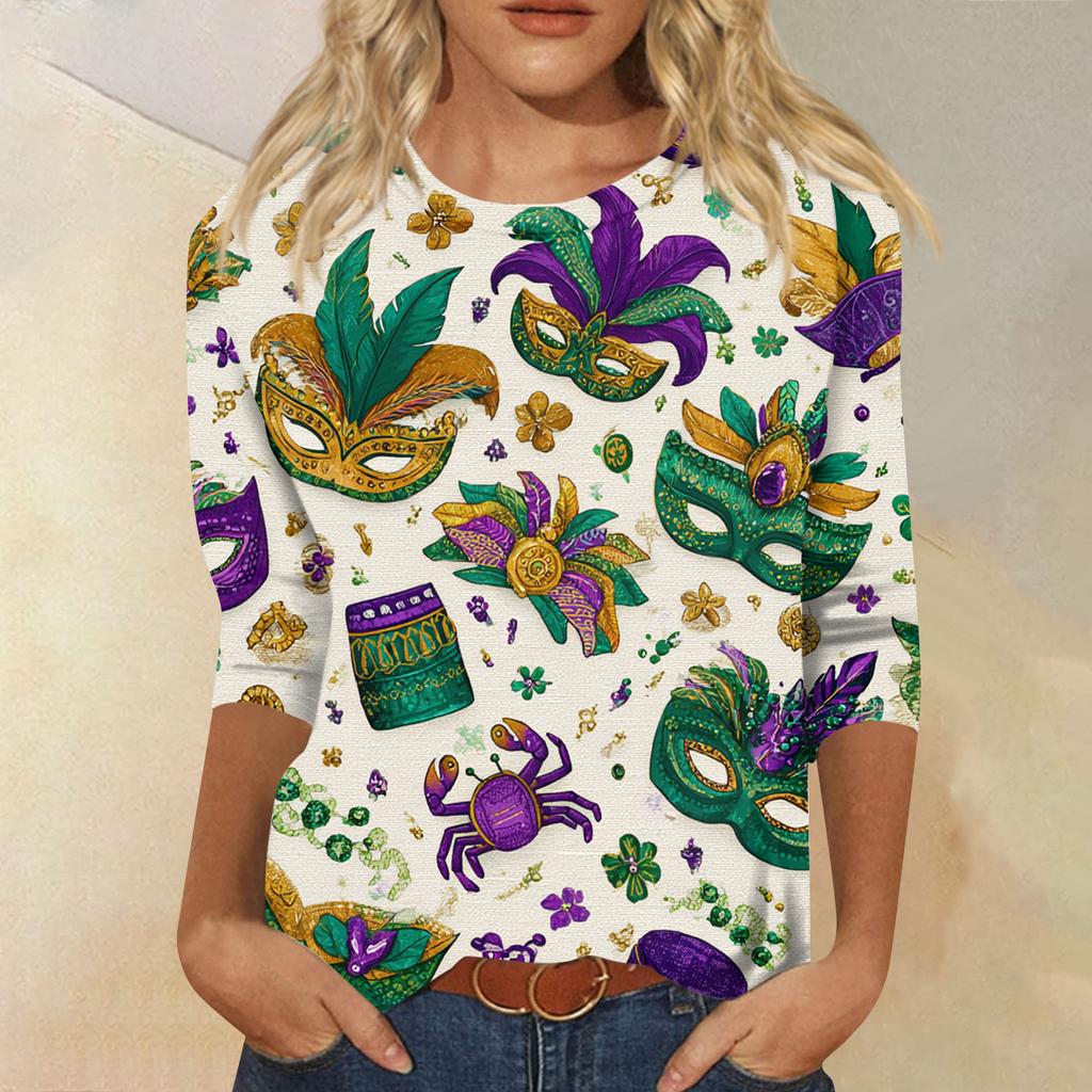 Women's Fashion Casual Round Neck Three-quarter Sleeve Carnival Print T-shirt Top