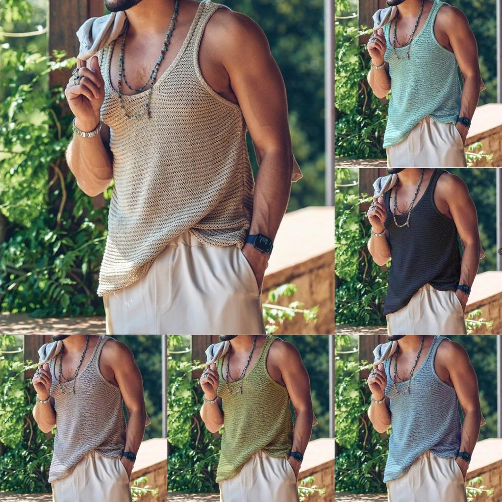 2023 Men Summer Tank Top Knitted Solid Color Sleeveless Vest Tops Gym Fitness Workout Clothes Fashion Crew Neck T Shirt Undershirts