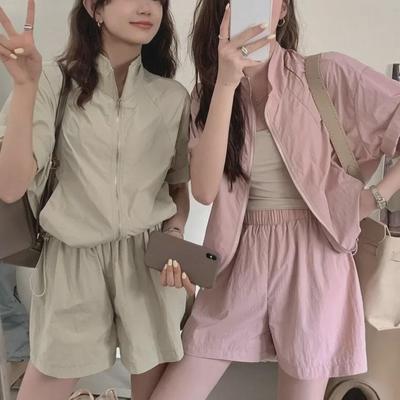 2024 Women's Pink Sun Protection Casual Sports Two-Piece Set - Loose-Fit Summer Suit with Thin Shorts.