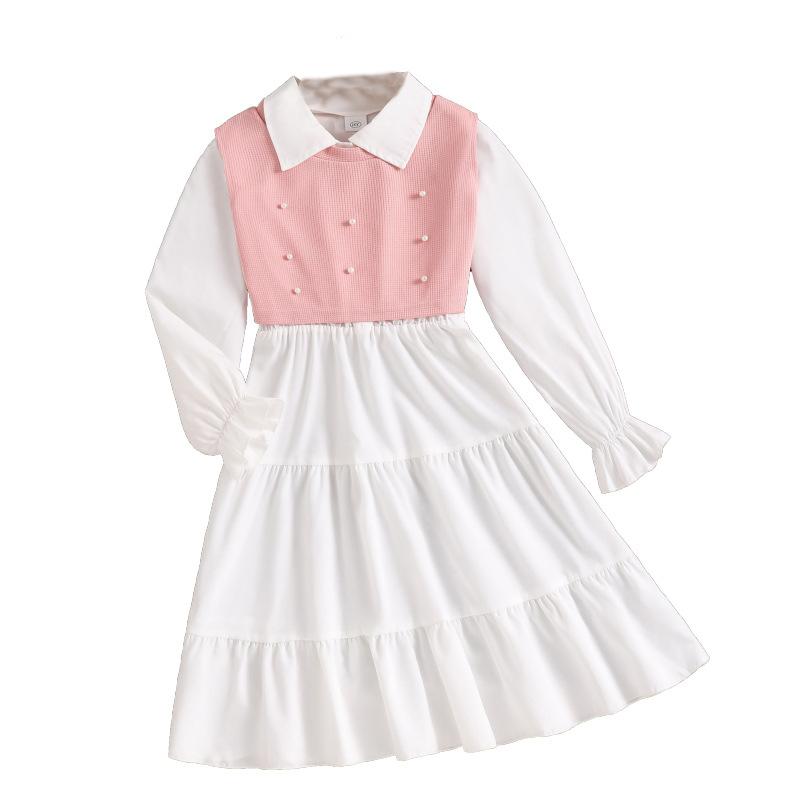 Girls' Outfit Children's Clothing Autumn New Style Turn-Down Collar Solid Color Long Sleeve Dress Beaded Vest