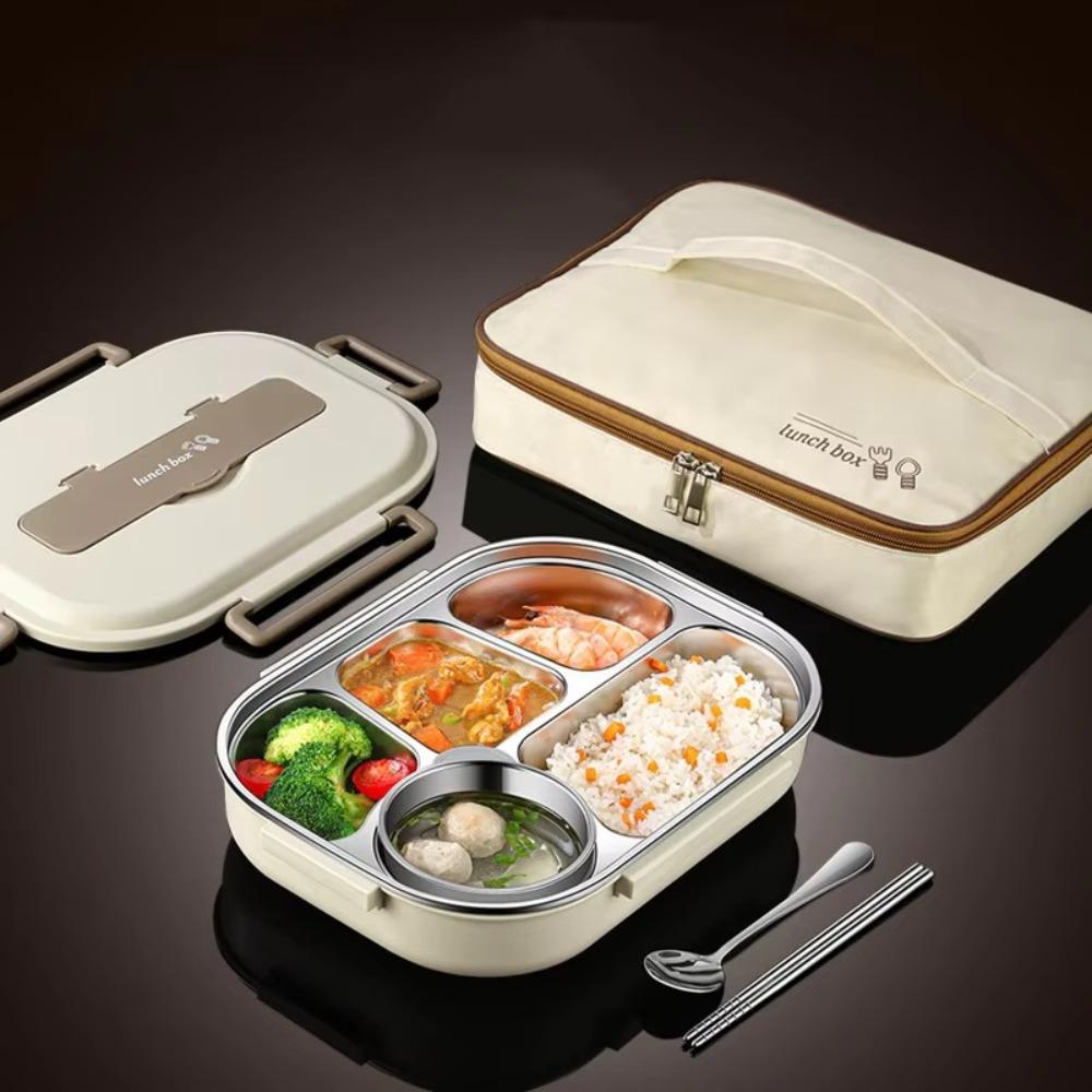 

304 Stainless Steel Portable Bento Box with Bag Fork Spoon Preservation Box School Beige 1000ml