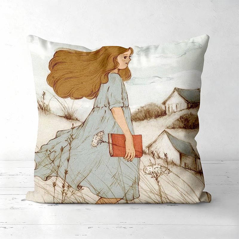 Girls Reading and With Birds Printed Decorative Cushions Polyester pillowcase, sofa decorative cushion cov Headboard Pillow