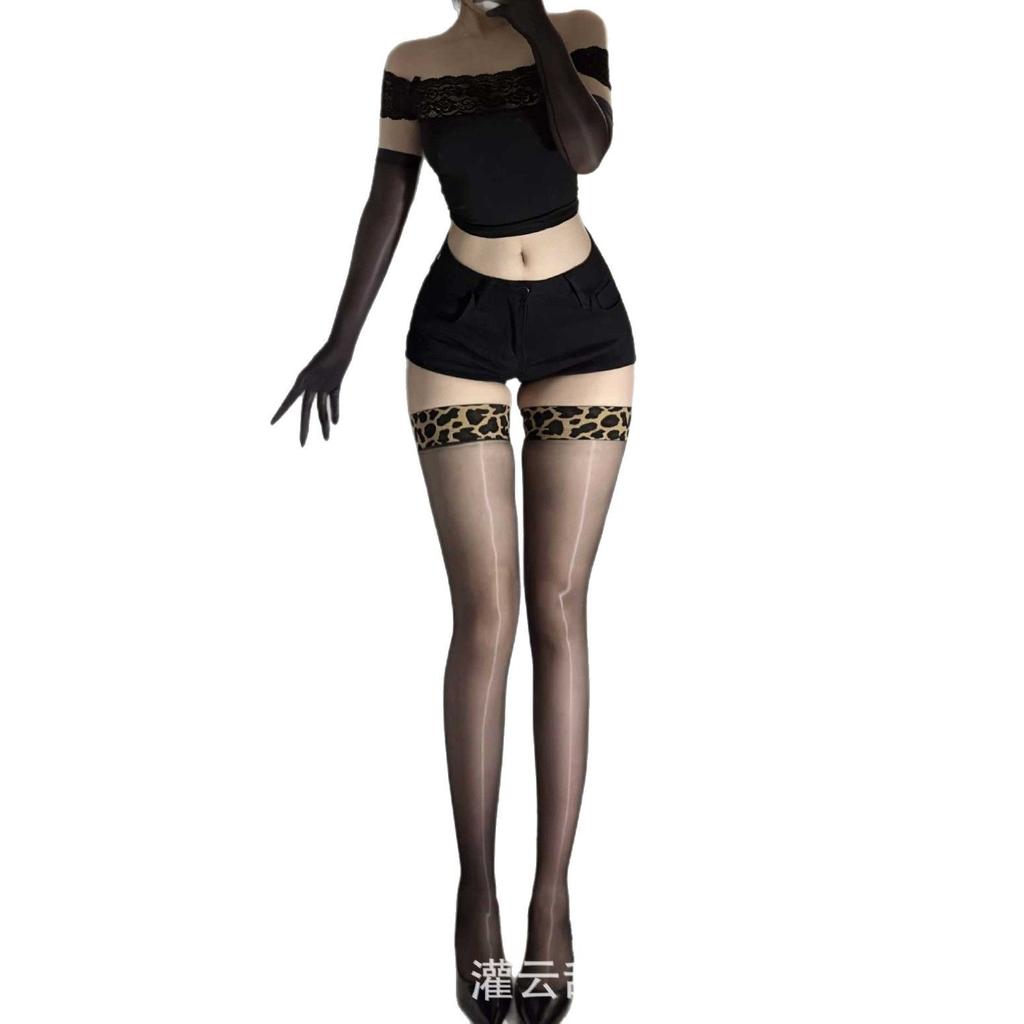 Sex Stockings Sexy Leopard Print Aurora Oily Sex Stockings Over Knee Suspenders Integrated Socks Women's Ultra-thin Thigh Socks